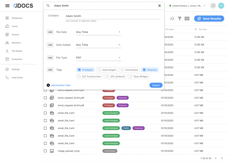 JDocs advanced search dropdown